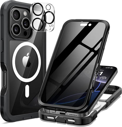 seacosmo for iPhone 16 Pro Max Case, Full Body Bumper with Built-in 9H Tempered Glass Privacy Screen Protector and Camera Lens Protector, Compatible with MagSafe, Shockproof Phone Cover, 6.9", Black