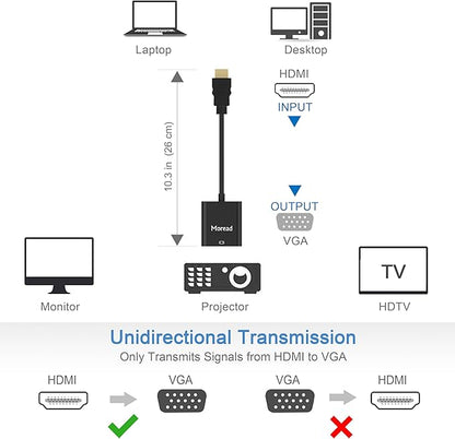 Moread HDMI to VGA, 10 Pack, Uni-Directional Gold-Plated HDMI to VGA Adapter (Male to Female) for Computer, Desktop, Laptop, PC, Monitor, Projector, HDTV, Chromebook, Raspberry Pi, Xbox and More