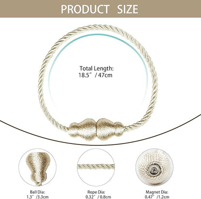 Nieffeiy Magnetic Curtain Tiebacks Outdoor Curtain Tie Backs Rope Decorative Magnetic Curtain Holders for Drapes Window Treatment Holdbacks, Beige 2Pack