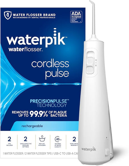 Waterpik Cordless Pulse Rechargeable Portable Water Flosser for Teeth, Gums, Braces Care and Travel with 2 Flossing Tips, Waterproof for Shower, ADA Accepted, WF-20 White, Packaging and Tips May Vary