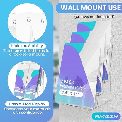 AMGSH 2 Pack 3 Tier Brochure Holder 8.5” x 11” - Acrylic Literature Holder with Removable Divider for 4” x 9” Brochure, Clear Flyer Holder Pamphlet Display Stand