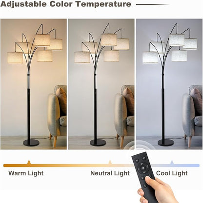 Fansdrick Floor Lamps for Living Room, 4000LM Super Bright Arc Floor Lamp with Remote Control, 5 Light Tall Floor Lamps with Stepless Dimmable, 80" Mid Century Tree Floor Lamp for Bedroom, Office