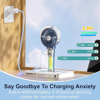HandFan 4000mAh Upgraded Handheld Misting Fan, 50ml Water Tank, Rechargeable Personal Mister Fan Portable AC, Spray Water Mist Fans, Foldable Cooling Ice Fans for Beach Travel Disney(Royal Blue)