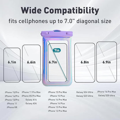 Floatable Waterproof Phone Pouch for iPhone 16 Pro Max/15/14/13/12, IP68 Travel Cellphone Dry Bag Beach Cruise Ship Essentials Bags with Crossbody Lanyard, Iridescent Purple and Pink-7″2 Pax