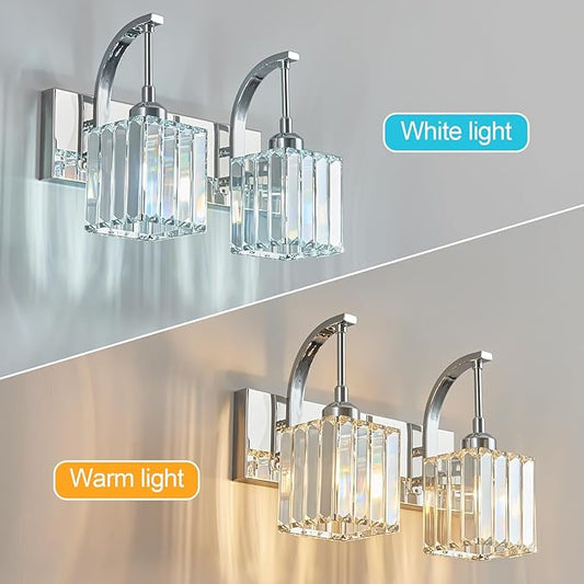 FDPBY Crystal Vanity Lights 2-Light Chrome Wall Lamp Modern Crystal Bathroom Light Fixtures Over Mirror 13.77" Long Bathroom Wall Sconce