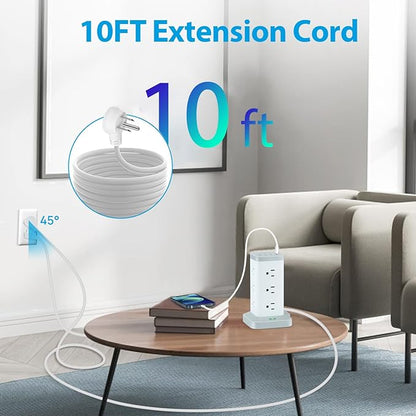 BEVA Power Strip Tower with USB Ports, 16 in 1 Surge Protector Tower, 12 AC and 4USB Ports, 10 FT Extension Cord with Multiple Outlets, Power Tower Charging Station for Office Supplies（White）