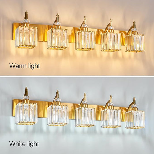 BBLLWJ 5-Light Crystal Vanity Lights - Gold, Modern Over-Mirror Bathroom Light Fixtures