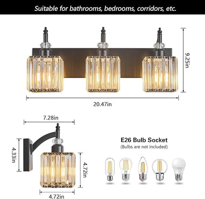 BBLLWJ Modern Bathroom Vanity Light 3-Light Black Crystal Light Fixtures Over Mirror for Bathroom Wall Sconce