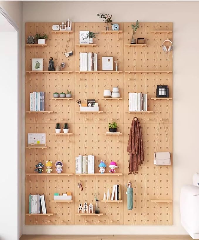 Wooden Wall Organizer Kit - Versatile Display Panel for Home, Office, Bathroom & Study - Oak Finish, 60x80CM - Wall-Mounted Storage Solution