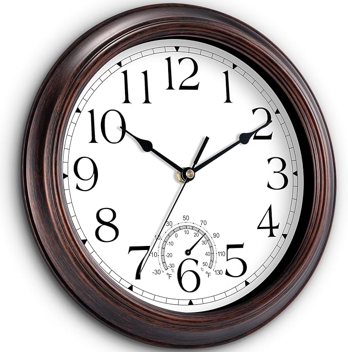 KECYET 8.5 Inch Outdoor Wall Clock with Thermometers, Vintage Silent Wall Clocks Battery Operated, Retro Non-Ticking Clock Decorative for Living Room, Patio, Kitchen, Office, Bathroom, Bedroom(Bronze)