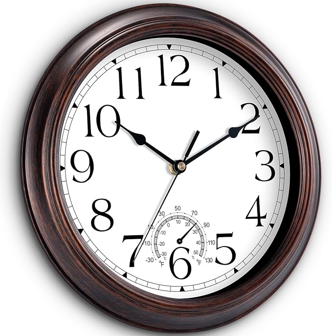 KECYET 14 Inch Outdoor Wall Clock with Thermometers, Vintage Silent Wall Clocks Battery Operated, Retro Non-Ticking Clock Decorative for Living Room, Patio, Kitchen, Office, Bathroom, Bedroom(Bronze)