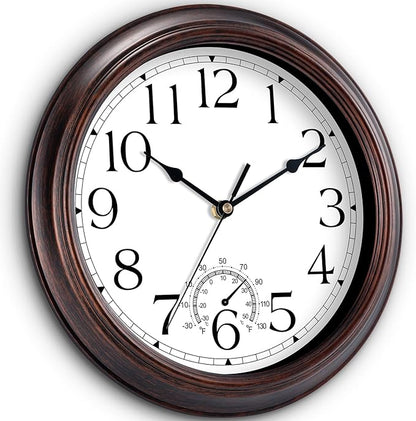 KECYET 14 Inch Outdoor Wall Clock with Thermometers, Vintage Silent Wall Clocks Battery Operated, Retro Non-Ticking Clock Decorative for Living Room, Patio, Kitchen, Office, Bathroom, Bedroom(Bronze)