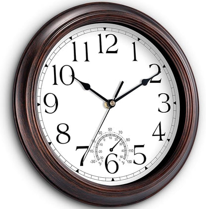 KECYET 10 Inch Outdoor Wall Clock with Thermometers, Vintage Silent Wall Clocks Battery Operated, Retro Non-Ticking Clock Decorative for Living Room, Patio, Kitchen, Office, Bathroom, Bedroom(Bronze)