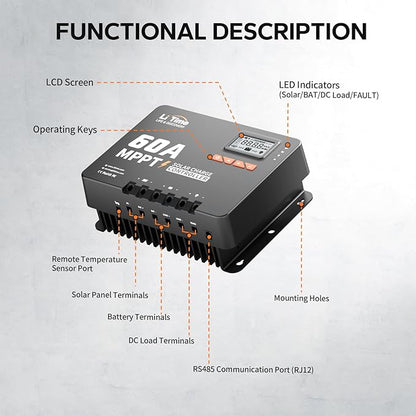 LiTime 60 Amp MPPT 12V/24V/36V/48V/Auto DC Input Solar Charge Controller is Equipped a Built- in Bluetooth Module, with Parameter Adjustable LCD Display LED Indicators Solar Panel