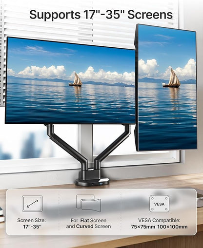 monTEK Dual Monitor Stand Mount with USB Up to 35" Screens, Each Arm Holds Max 24.3 lbs, Full Motion Adjustable Monitor Arm Desk Mount with C-Clamp/Grommet,VESA 75/100mm, MA1010UCBK-D