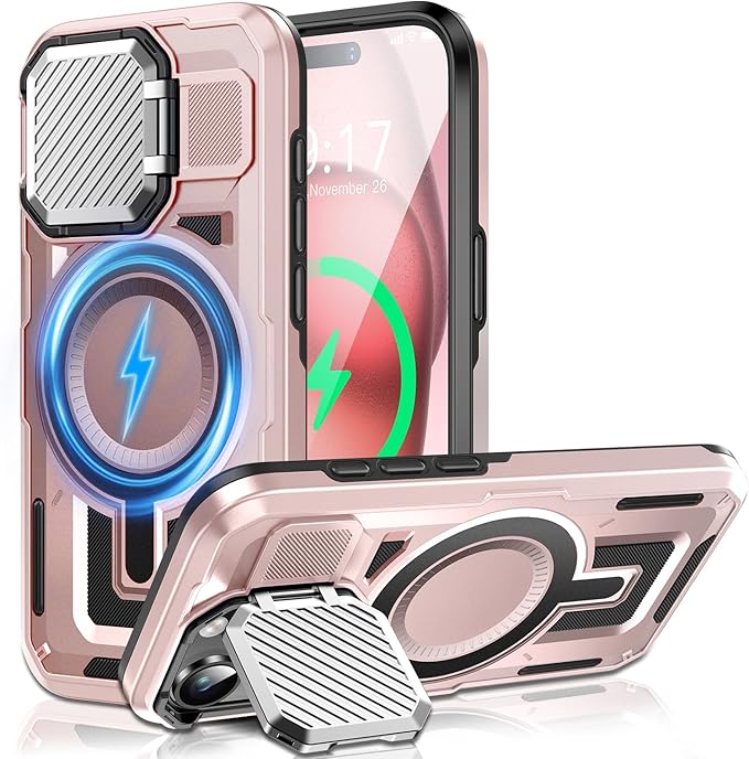 Camera Stand Case for iPhone 15, [Compatible with Mag Safe] [Lens Cover] 2024 Version Military Grade Protective Soft Case for iPhone 15 6.1 inch Men Women, Pink