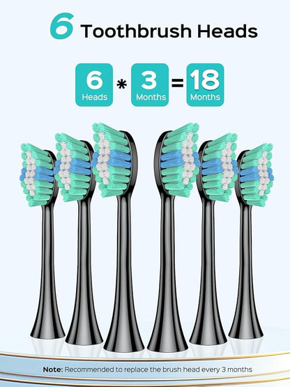 COSLUS Sonic Electric Toothbrush for Adults: 47000 VPM for Deep Cleaning & Whitening with Travel Case - 5 Modes for Sensitive Teeth & Braces, Wireless Charging, 6 Brush Heads for Family, Black (1PC)