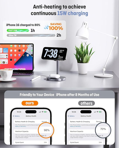 2025 New Magnetic Wireless Charger with Active Cooling, 15W Qi2 Fast 3 in 1 Charging Station for Apple Charger Stand, Wireless Charger for iPhone16/15/14/13/12 Series, Apple Watch, AirPods