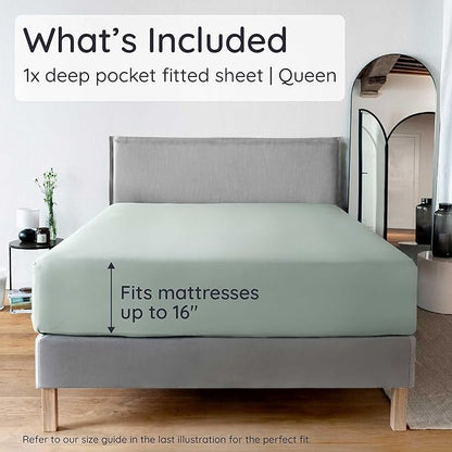 Bambaw Fitted Sheet with Elastic Corner Straps, 100% Viscose Derived from Bamboo Fitted Sheet Queen Size, 16’’ Deep Pocket Queen Size Mattress Sheets (Sea Glass)
