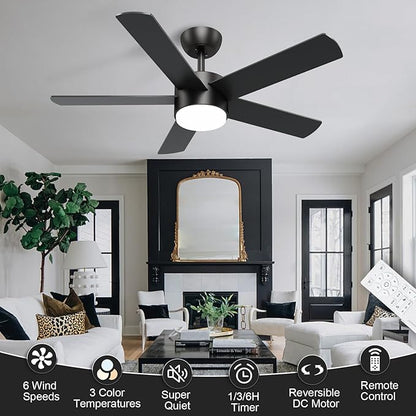 POCHFAN 42 inch Black Ceiling Fans with Lights and Remote Control, LED Ceiling Fan Dimmable 3 CCT 6-Speed, Noiseless Modern Ceiling Fan for Bedroom, Living Room, Dining Room, ETL Listed