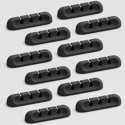 Apromisith USB Cable Organizer Clips Cord Holder,12 Packs (3-Slots) Black Self Adhesive Desk Cord Cable Management