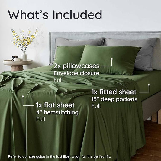 Bambaw Full Sheet Set 4pcs – 100% Viscose Derived from Bamboo Sheets Full Size Set, Cooling Bed Sheets for Hot Sleepers, with Elastic Corner Straps (Olive)