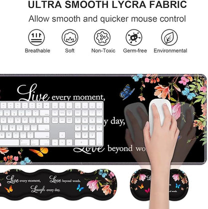 Ergonomic Keyboard Wrist Rest & Mouse Pad Wrist Rest Set,Large XXL Gaming Desk Mat 31.5"x 11.8" with Non-Slip Base, Memory Foam,Easy Typing Pain Relief for Home & Office,Floral Quote Live Laugh Love