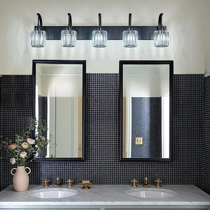 FDPBY 5-Light Crystal Vanity Light, Modern Black Bathroom Wall Sconce with K9 Crystal Shades, 42.51" Long Over Mirror Lighting for Vanity, Makeup, Hallway, Elegant & Easy Installation