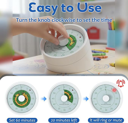 BellMan Visual Timer, 60 Minute Countdown Timer for Kids and Adults with Silent Operation, Study and Meetings Time Management Tool, Timer for Kitchen Office Classroom, Gift with Giraffe (White Green)