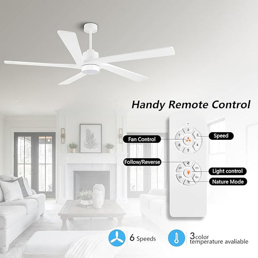WINGBO 72 Inch DC Ceiling Fan with Lights and 3 Downrods, 5 Reversible Carved Wood Blades, 6-Speed Noiseless DC Motor, Modern Ceiling Fan in White Finish, ETL Listed