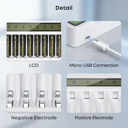 Rechargeable Battery Charger, 8 Bay AA AAA Smart Charger with LCD Display, Independent Slots for Ni-MH Ni-CD Batteries
