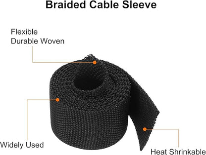 MECCANIXITY Braided Cable Sleeves Heat Shrinkable Fabric Sleeving, 5/8" 3ft Black 2:1 Ratio Heat Shrinkable Cord Protector for Harness Cable, Network Cable Protection, Cable Management