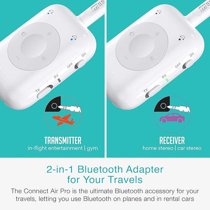 MEE audio Connect Air Pro (2 PACK) Bluetooth Wireless Audio Transmitter & Receiver for AirPods or Bluetooth Headphones, 2-in-1 Adapter with Detachable Cable for 3.5mm devices on Airplanes, Black&White