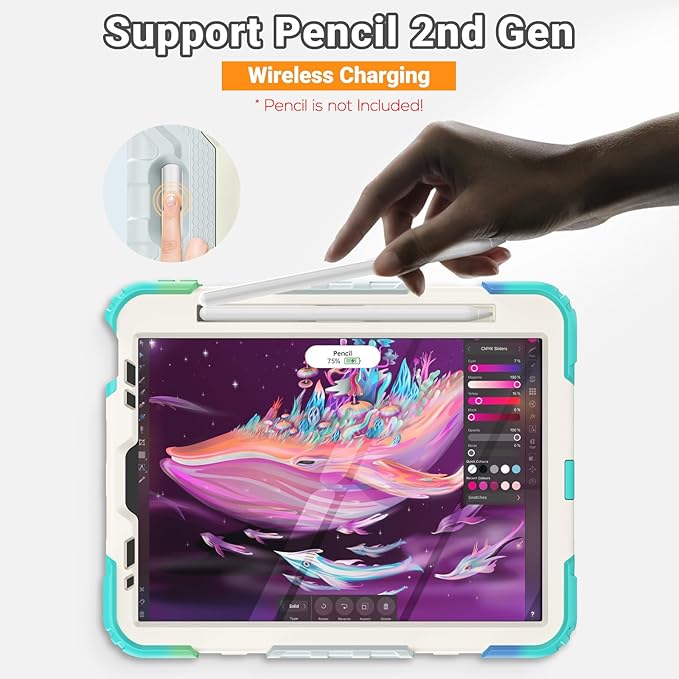 SEYMAC for iPad Air 5th/ 4th Generation Case 10.9", Full-Body Shockproof Protective Case with Screen Protector, Rotating Stand/Handle/Shoulder Strap/Pencil Holder for iPad Air 5/ Air 4, Colorful/Blue