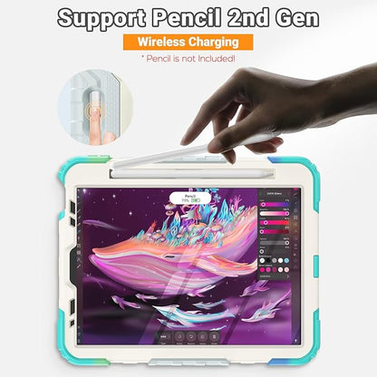 SEYMAC for iPad Air 5th/ 4th Generation Case 10.9", Full-Body Shockproof Protective Case with Screen Protector, Rotating Stand/Handle/Shoulder Strap/Pencil Holder for iPad Air 5/ Air 4, Colorful/Blue