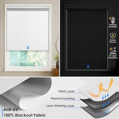 Motorized Blackout Smart Roller Blinds with Remote Control & Solar Panel - Automatic Electric Shades for Windows, Compatible with Alexa - White,34¼"W*72" H