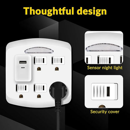 6-Outlet Extender 2 Pack, 3-Prong Ground Wall Tap Adapter with Safety Cap & LED Guide Light, Cruise Essentials, Multiple Plug Electrical Outlets Splitter for Home, Office, Dorm Room, ETL Listed, White