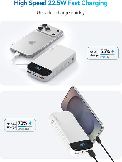 LENGSUM Portable Charger Power Bank 32000mAh with Built in Cables, PD3.0 USB C Fast Phone Charger, 5 Outputs LCD Display Travel Battery Pack Compatible with iPhone, Samsung All Cell Phones (White)