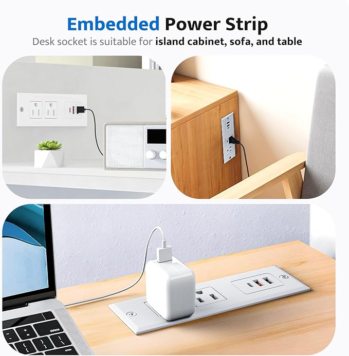 DOACE Recessed Power Strip with 18W USB C Fast Charging Conference Recessed Outlet,Space-Saver for Furniture Side Table,2 AC Outlets,3 USB Ports,6ft Cord, 45° Thin Flat Plug, White