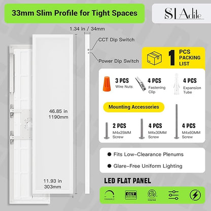 1x4 LED Flat Panel Light,Surface Mount Ceiling Light,5CCT 3000K/3800K/4500K/5200K/6000K Dimmable, 24W/30W/40W 5200LM Smooth Triac Dimming(10-100%), LED Light Fixture for Office Kitchen Garage,White