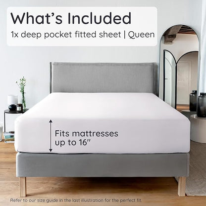 Bambaw White Queen Fitted Sheet with Elastic Corner Straps, 100% Viscose Derived from Bamboo, 16'' Deep Pocket, Queen Size