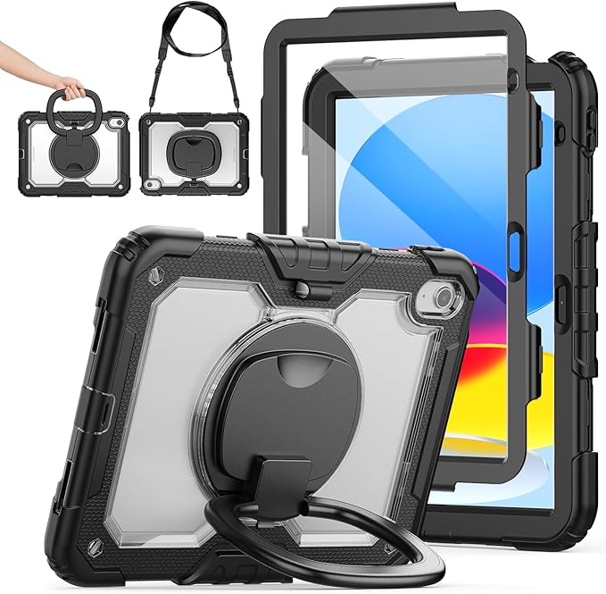SCSVPN Case for iPad A16 11th Generation 11 Inch 2025/ iPad 10th Generation Case 10.9 Inch 2022, Shockproof Rugged Kids Transparent Cover w/Pencil Holder, Rotating Stand/Handle, Shoulder Strap, Clear