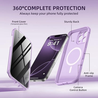 BERFY Magnetic for iPhone 16 Pro Case, Compatible with MagSafe, Built-in Privacy Screen Protector and Upgraded Camera Protection, Anti-Spy Full Body Shockproof Phone Case for 16 Pro 6.3", Light Purple