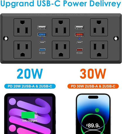 Recessed Power Strip with PD 30W Fast Charging, Conference Desk Flush Mount Outlets Plug in 6 Outlets & 8 USB Ports,3FT Cord Furniture Drawer Outlet Black