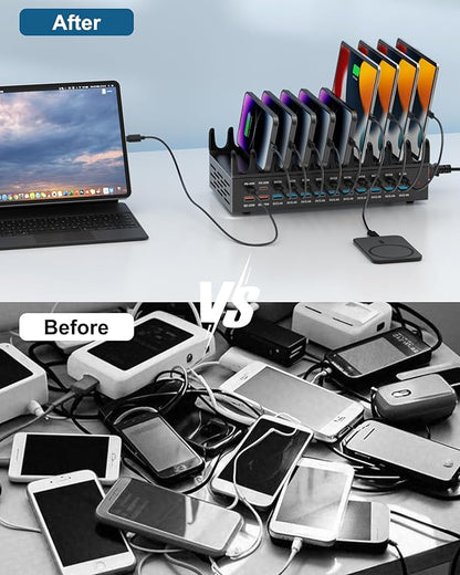 380W Charging Station for Multiple Devices - 24 Ports USB Fast Charging Station with 30W Power Delivery, Multi Charger Dock for Phone Tablet, Home, Office, School