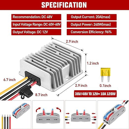 Nilight 48V to 12V Voltage Converter 240W 20A Regulator Step Down to 12VDC Waterproof DC Convert Reducer Power Supply Transformer Module for Golf Cart Scooters Trucks