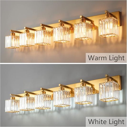 FDPBY Modern 6-Light Gold Brushed Brass Finish Crystal Wall Light for Bathroom Vanity