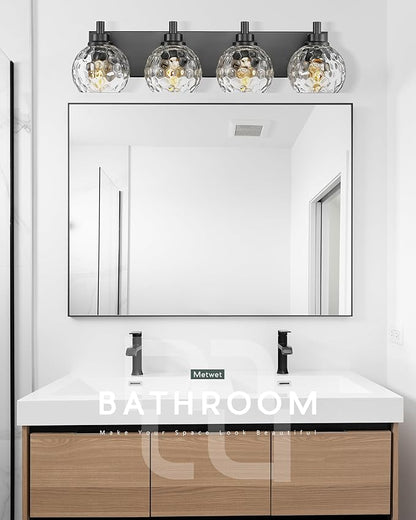 METWET Bathroom Light Fixtures Over Mirror, 26" Matte Black Vanity Light with Clear Hammered Glass Globe Shade, 4-Light Modern Sconces Wall Lighting for Bedroom Hallway, VL200-MB-CL-4