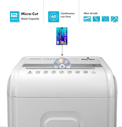 Aurora High-Security 12-Sheet Micro-Cut Paper/CD and Credit Card Shredder with 5.7 Gallon Pullout Basket / 60 Mins Running Time/Security Level P-4