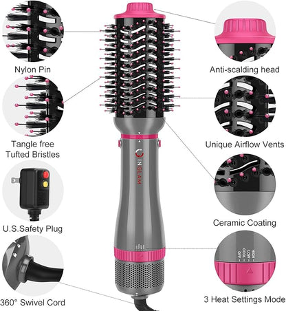 IG INGLAM 4 in 1 Blowout Brush, Negative Ion Detachable Hair Dryer & Styler Volumizer Hot Air Brush with 2 Styling Brush Heads, Silver
